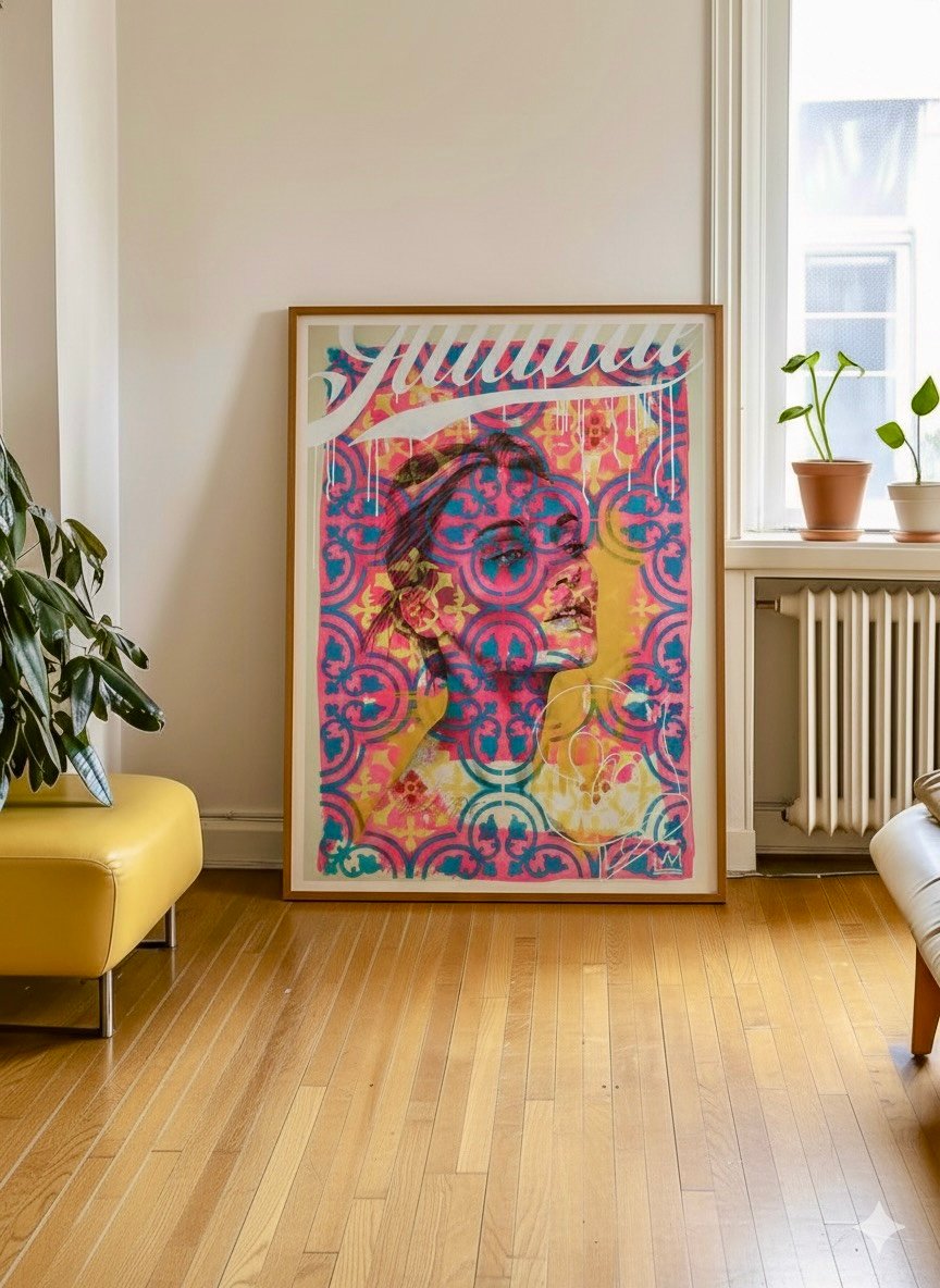 Obra: Te veo a través del mosaico. Stencil, carboncillo sobre cartón y acrílicos de Wanda Pot